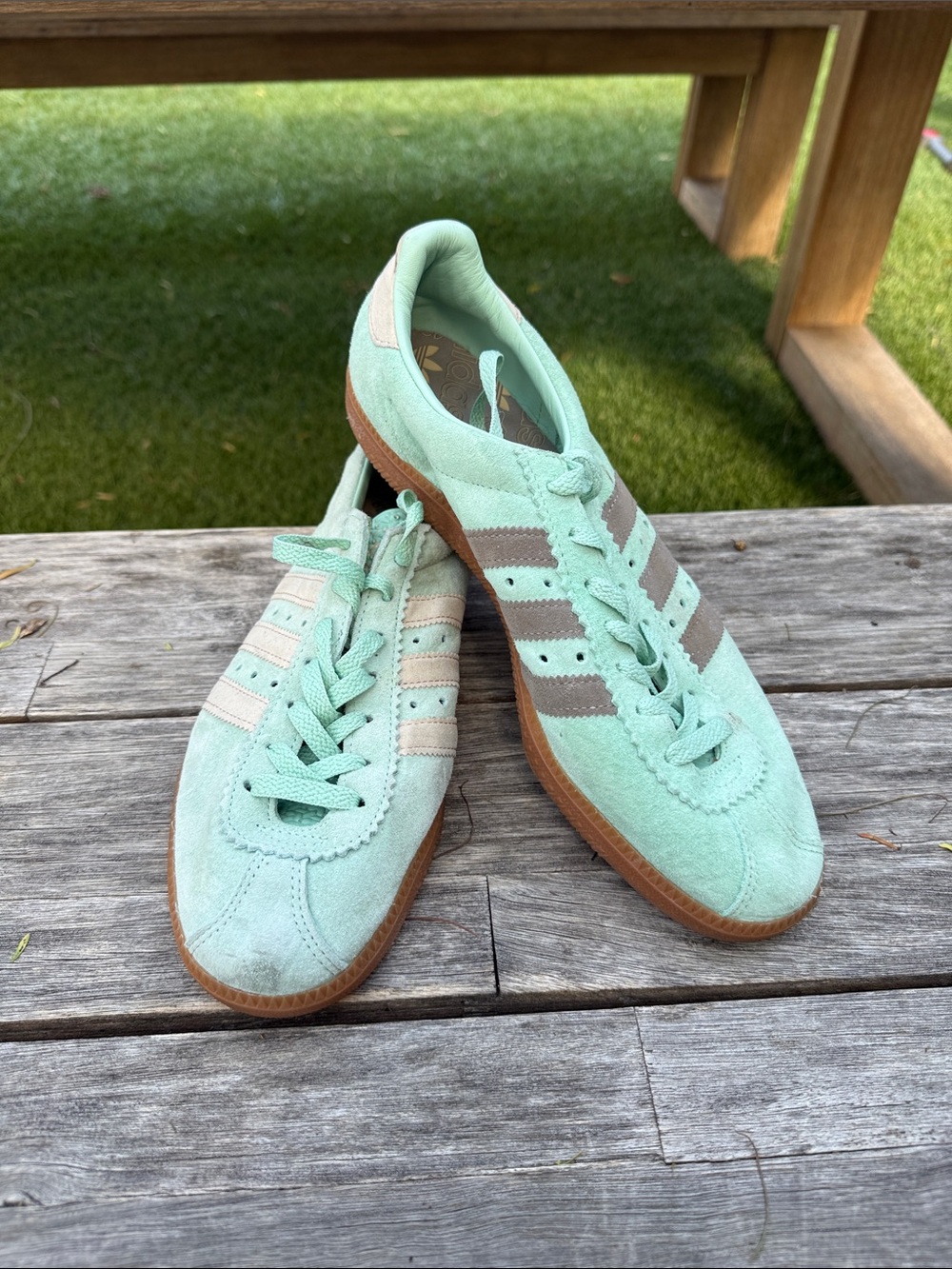adidas Suede Sneakers in Mint Green with Gray Stripes